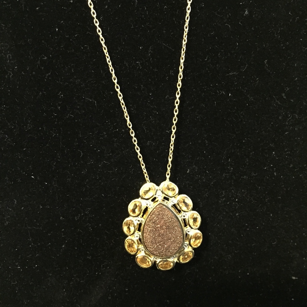 Genuine Red Drusy and Quartz 14K Go/Silver Pendant